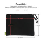Cushion Pouch - Black zippered pouch with red interior dimensions (182x125mm) and grey exterior dimensions (200x140mm).