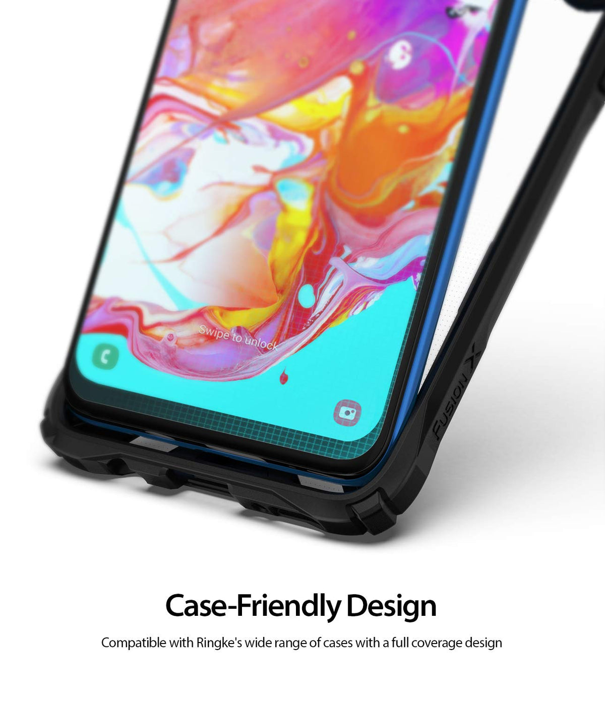 Galaxy A70 Screen Protector | Dual Easy Film - Smartphone with screen protector installed inside a black protective case.