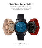 Galaxy Watch 42mm Screen Protector | Glass - Three Galaxy watches in rose gold, black, and red with text about glass compatibility.