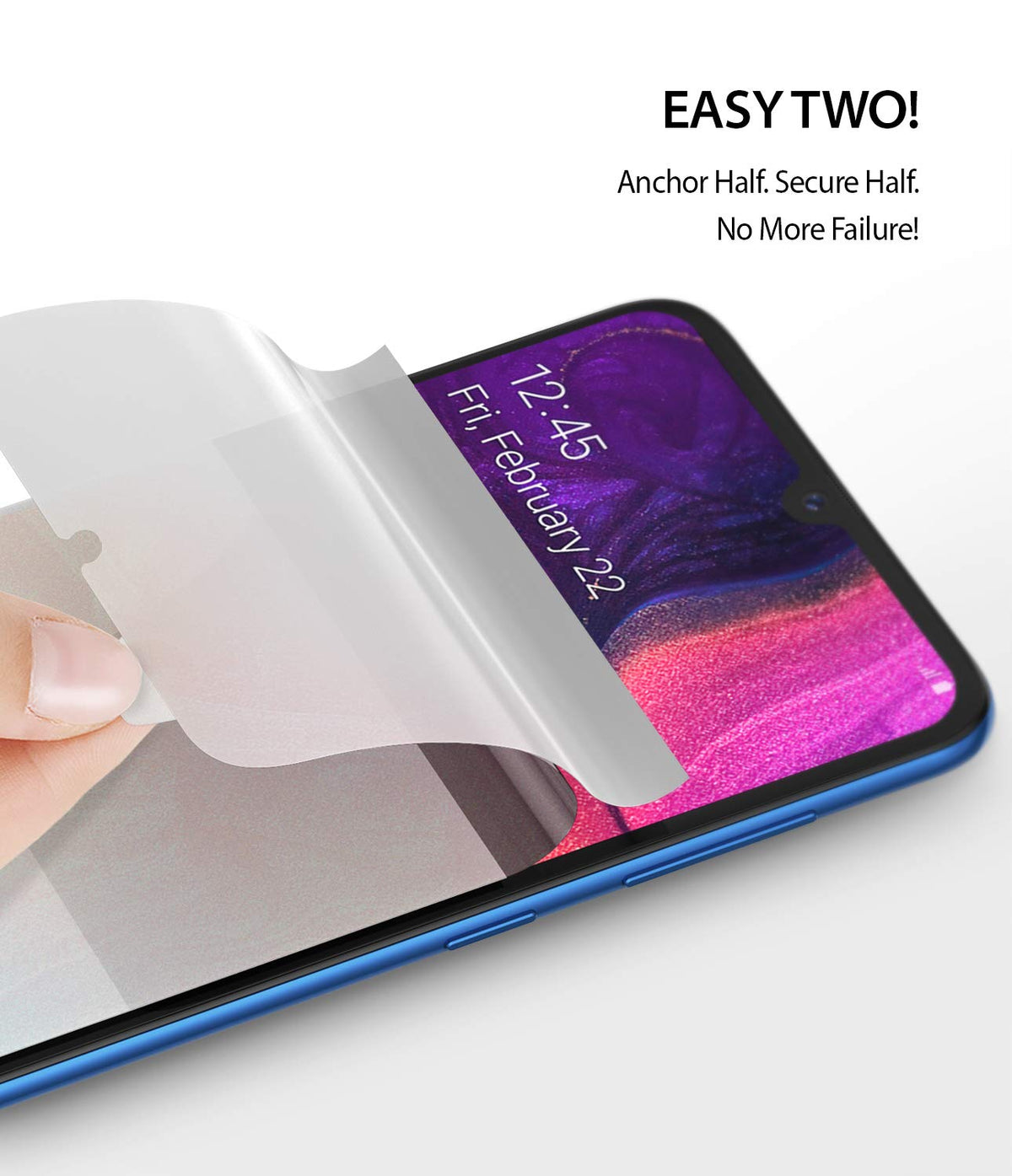 Galaxy A50 Screen Protector | Dual Easy Film - Hand applying a protective film to a smartphone screen.