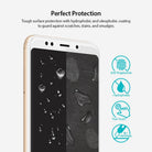 Redmi Note 5 / 5 Plus Screen Protector | Invisible Defender - Redmi Note 5 / 5 Plus Screen Protector - Smartphone with water droplets and icons showing anti-fingerprint and 9H features.