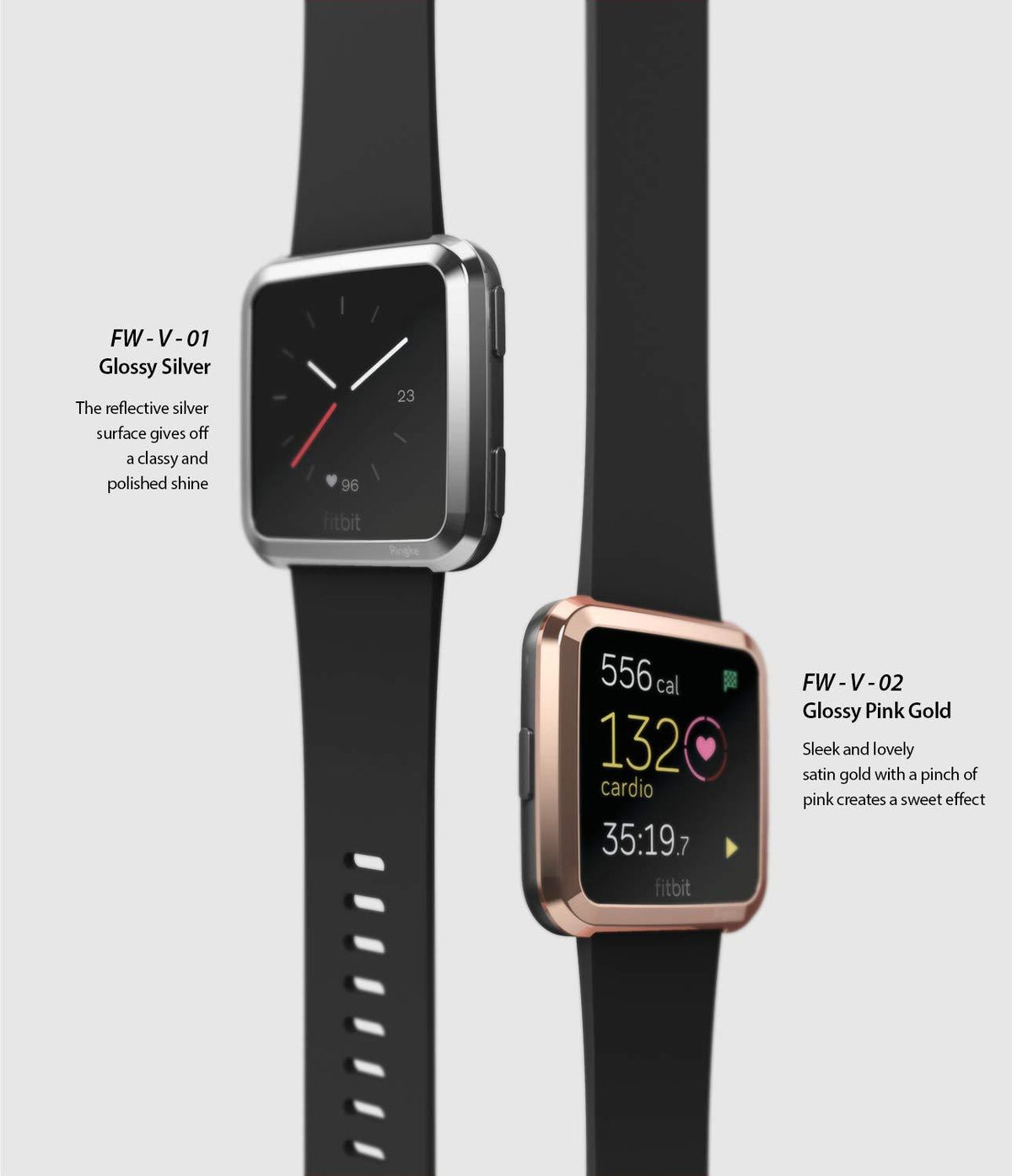 Fitbit Versa | Bezel Styling 02 - Two Fitbit Versa watches with glossy silver and pink gold protective bezels on black bands.