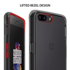 OnePlus 5 Case | Fusion - Clear phone case with red accents on a OnePlus 5, highlighting the lifted bezel design.
