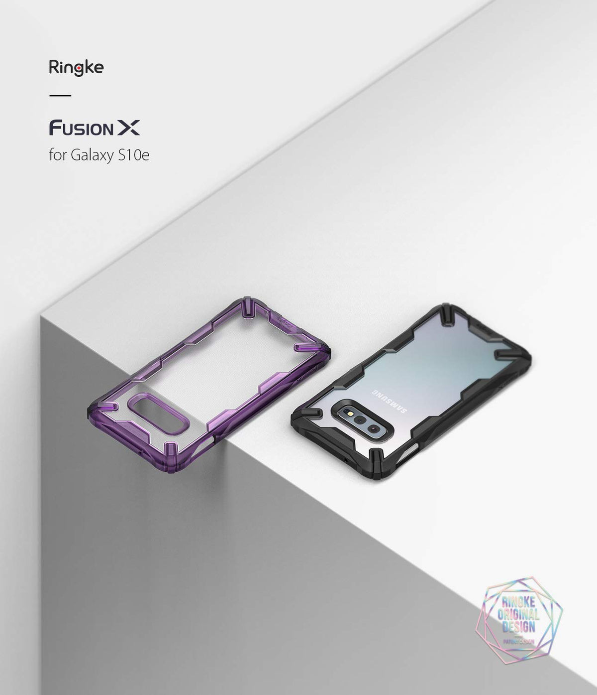 Galaxy S10e Case | Fusion-X - Two Ringke Fusion-X phone cases in purple and black displayed on a white surface.