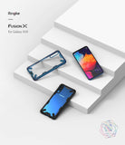 Galaxy A50 Case | Fusion-X - A blue Galaxy A50 phone, a clear case, and a phone in a black rugged case on white steps.