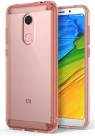 Redmi Note 5 / 5 Plus | Fusion - Rose gold smartphone in a clear, reinforced protective case showing front and back.