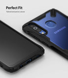 Galaxy M30 Case | Fusion-X - Rugged black protective case on a blue Samsung phone showing precise camera and fingerprint sensor cutouts.