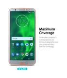 Moto G6 Screen Protector | Glass - A rose gold Moto G6 smartphone with a glass screen protector and text about coverage.