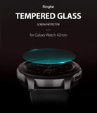 Galaxy Watch 42mm Screen Protector | Glass - A circular tempered glass screen protector hovering above a Galaxy Watch.