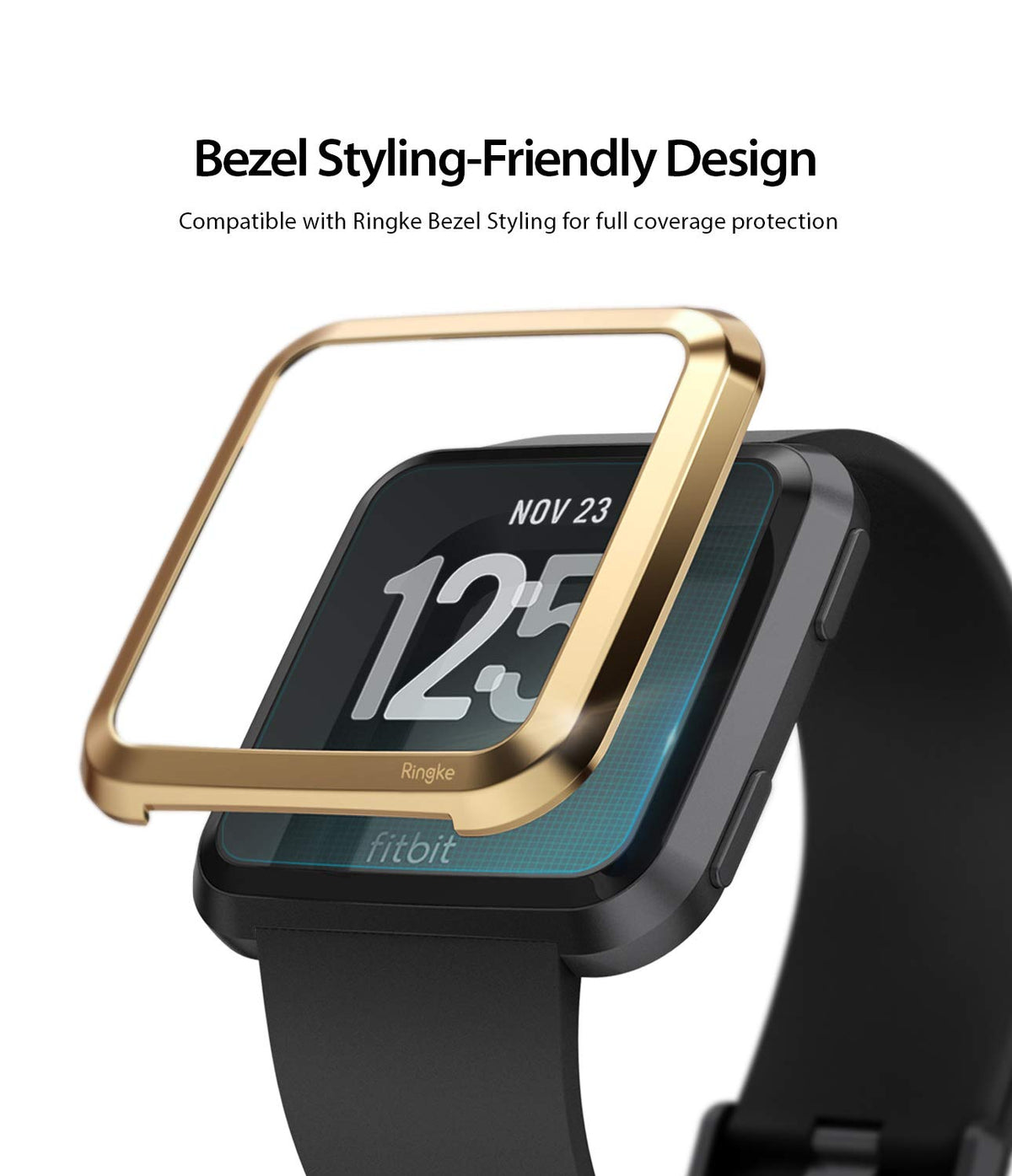 Fitbit Versa Screen Protector | Glass - Gold bezel styling frame hovering above a black Fitbit Versa smartwatch.