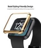 Fitbit Versa Screen Protector | Glass - Gold bezel styling frame hovering above a black Fitbit Versa smartwatch.
