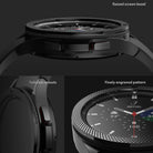 Galaxy Watch 4 Classic 46mm | Bezel Styling - Close-up of watch bezel featuring raised edges, tailored cutouts, and a finely engraved pattern.