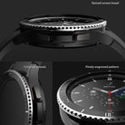 Galaxy Watch 4 Classic 46mm | Bezel Styling - Galaxy Watch 4 Classic 46mm | Close-up of watch bezel showing raised screen, tailored cutouts, and engraved pattern.
