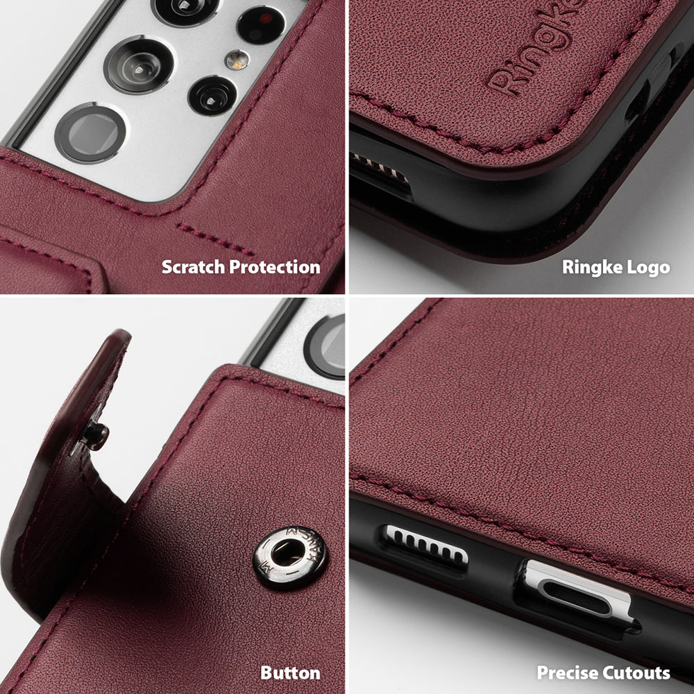 Galaxy S21 Ultra Case | Folio Signature+ - Four-panel close-up showing leather texture, camera protection, logo, snap button, and port cutouts.