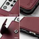 Galaxy S21 Ultra Case | Folio Signature+ - Four-panel close-up showing leather texture, camera protection, logo, snap button, and port cutouts.