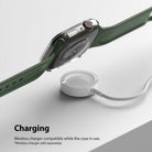Apple Watch 9 / 8 / 7 (45mm) Case | Slim - Clear protective case on an Apple Watch with a green band hovering over a wireless charger.