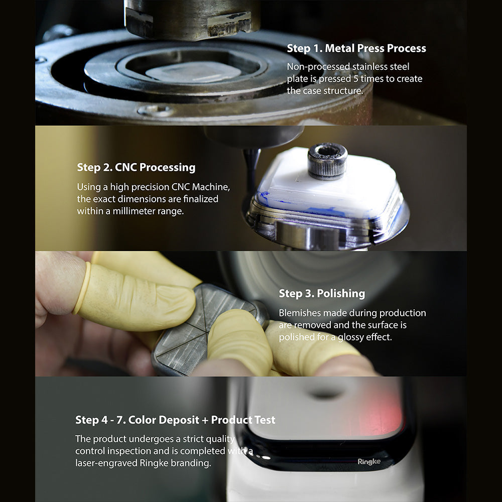 Galaxy Watch 3 (45mm) | Bezel Styling - Four-step manufacturing process showing metal pressing, CNC machining, polishing, and final inspection.