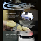 Galaxy Watch 3 (45mm) | Bezel Styling - Four-step manufacturing process showing metal pressing, CNC machining, polishing, and final inspection.
