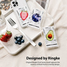 iPhone 12 Pro Max Case | Fusion Design Fruit - Three clear phone cases featuring strawberry, blueberry, and avocado designs on a tray.
