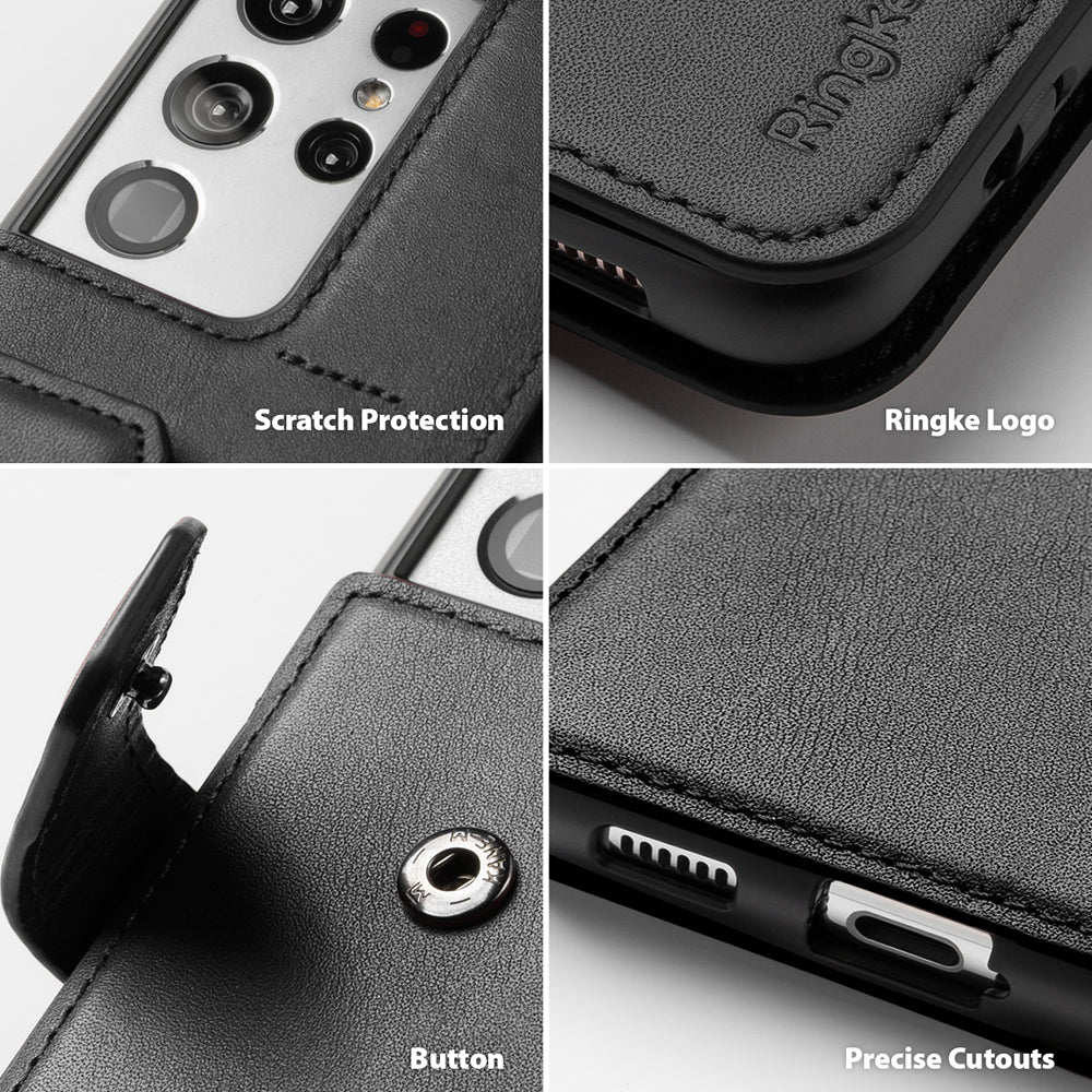 Galaxy S21 Ultra Case | Folio Signature+ - Four-panel collage showing leather case details: camera, logo, button, and port cutouts.