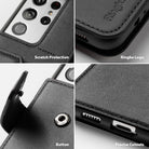 Galaxy S21 Ultra Case | Folio Signature+ - Four-panel collage showing leather case details: camera, logo, button, and port cutouts.