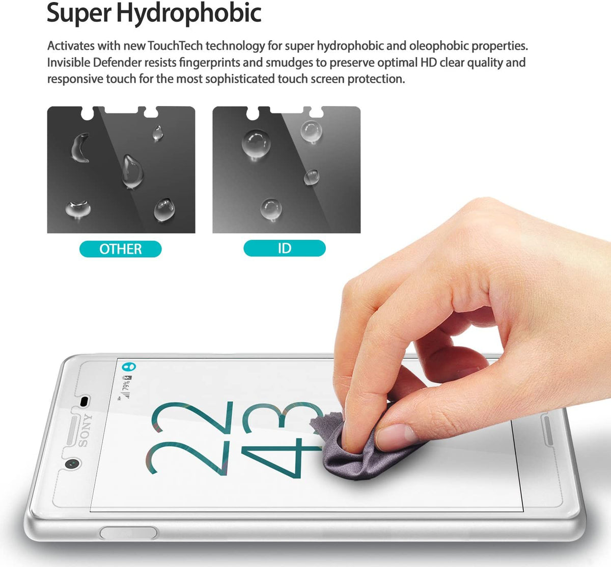 Xperia X Performance Screen Protector | Invisible Defender - Xperia X Performance Screen Protector - Comparison showing water beading on ID protector versus a standard screen.