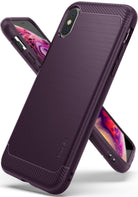 iPhone XS Case | Onyx - A dark purple, brushed-texture phone case with carbon fiber accents and Ringke branding.