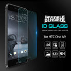 HTC One A9 Screen Protector | Invisible Defender Glass - HTC One A9 Screen Protector - Tempered glass screen protector hovering over an HTC One A9 smartphone with feature icons.