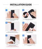 iPhone XS Screen Protector | Invisible Defender Glass - iPhone XS Screen Protector - Six-step visual guide showing hands cleaning, applying, and smoothing a screen protector on a phone.