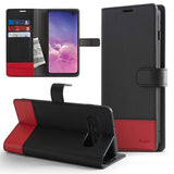 Galaxy S10 Case | Wallet - Black and red leather wallet case for Galaxy S10 with card slots, cash pocket, and kickstand.