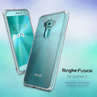 Zenfone 3 Case | Fusion - Clear hybrid phone case shown from front and back angles on a teal gradient background.