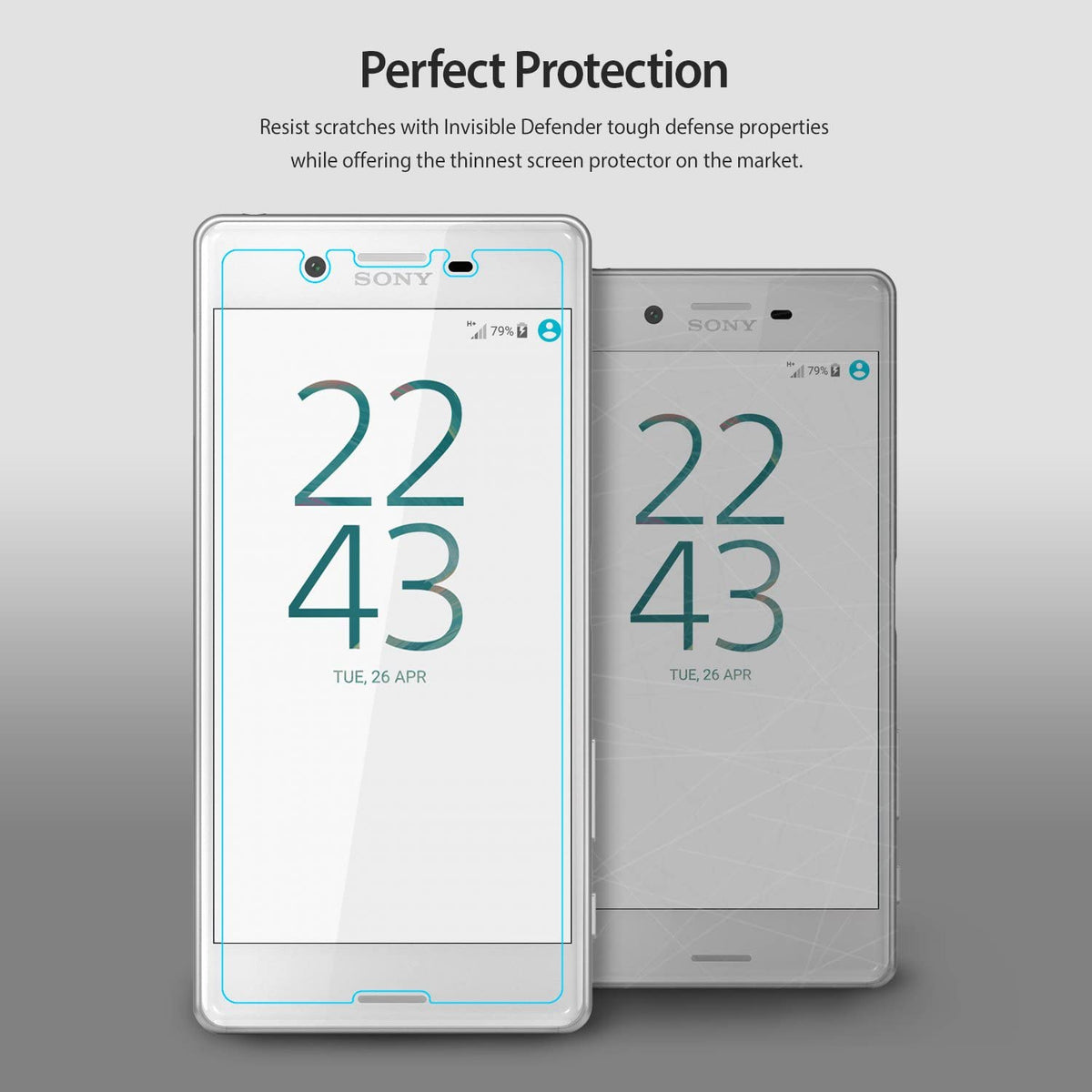 Xperia X Performance Screen Protector | Invisible Defender - Xperia X Performance Screen Protector - Two Sony smartphones, one with a clear screen protector applied, showing time.