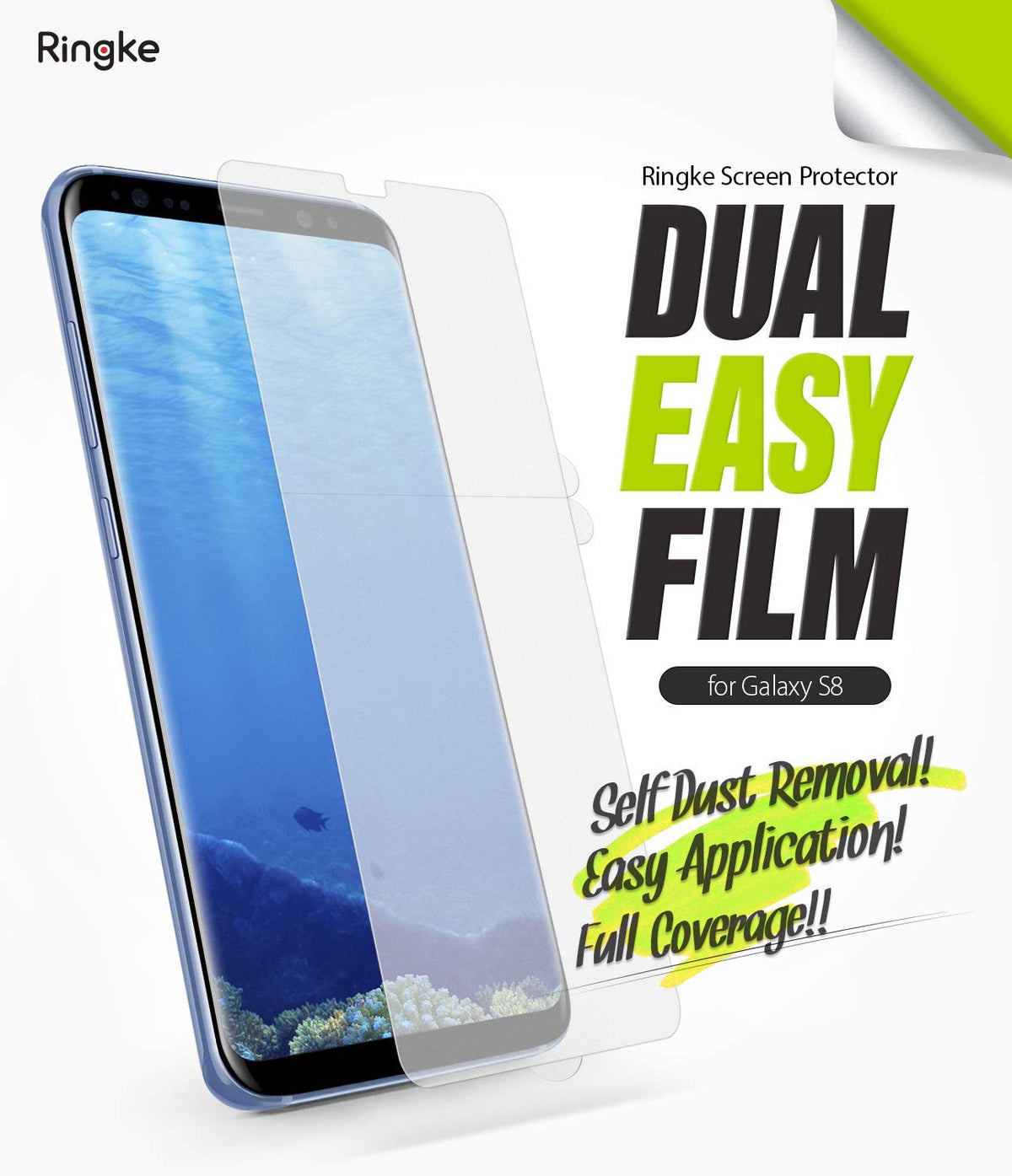 Galaxy S8 Screen Protector | Dual Easy Film - A Galaxy S8 phone with a transparent screen protector film being applied.
