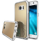 Galaxy S7 Case | Mirror - Gold reflective phone case with clear bumper edges shown from front and back angles.
