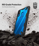 Galaxy A30 Case | Fusion-X - Blue Samsung phone in a black rugged protective case surrounded by flying dirt and debris.