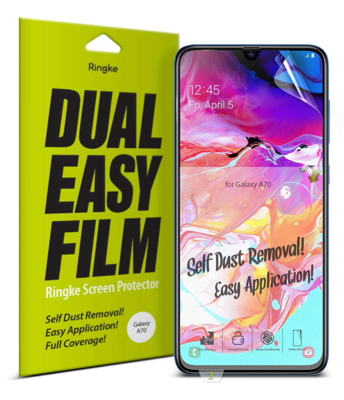 Galaxy A70 Screen Protector | Dual Easy Film - Ringke screen protector packaging next to a Galaxy A70 phone.