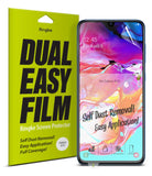 Galaxy A70 Screen Protector | Dual Easy Film - Ringke screen protector packaging next to a Galaxy A70 phone.