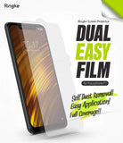 Pocophone F1 Screen Protector | Dual Easy Film - Smartphone with a transparent screen protector film being applied.