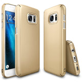Galaxy S7 Case | Slim - Three views of a gold slim phone case showing the front, back, and bottom ports on a white background.