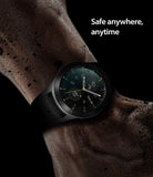 Galaxy Watch 42mm Screen Protector | Glass - Galaxy Watch 42mm Screen Protector - A Galaxy Watch on a rugged, dirt-covered wrist with the text Safe anywhere, anytime.
