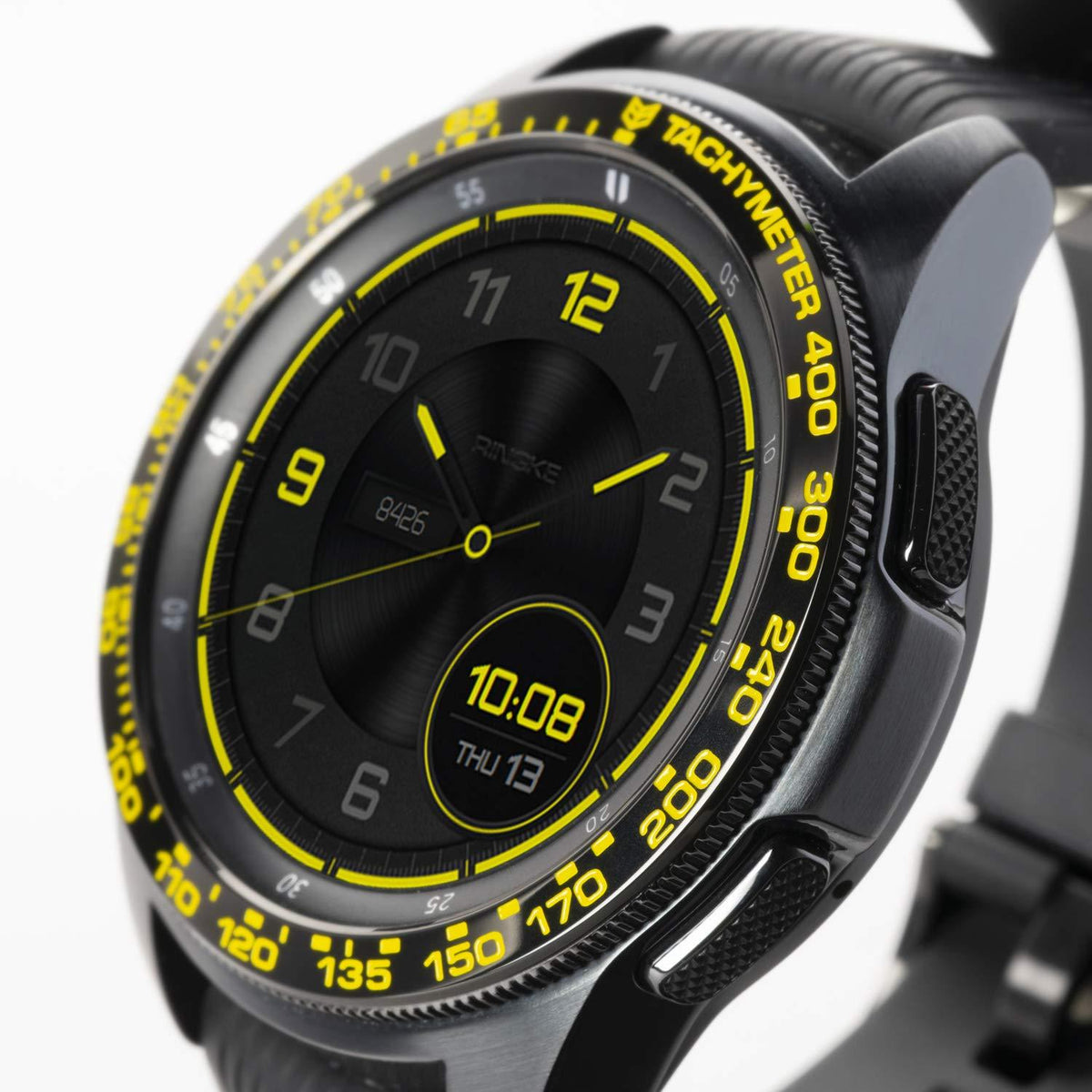 Galaxy Watch (42mm) | Bezel Styling - Black smartwatch with a yellow tachymeter bezel and matching digital watch face.