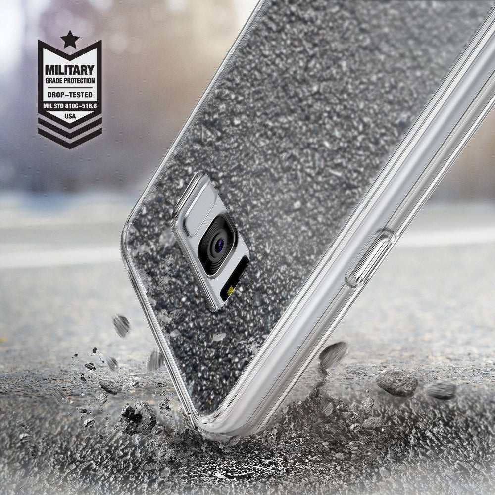 Galaxy S8 Case | Mirror - Clear phone case reflecting asphalt with a military-grade protection badge in the corner.