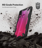Redmi Note 7 / 7 Pro Case | Fusion-X - A pink Redmi phone in a black shock-absorbent case surrounded by flying debris.