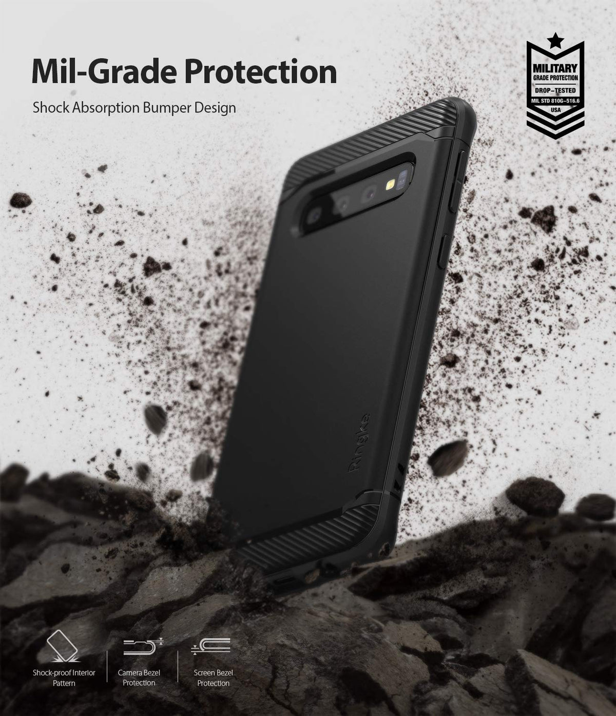 Galaxy S10 Case | Onyx - Black phone case with textured corners surrounded by flying debris and military-grade certification.