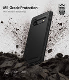 Galaxy S10 Case | Onyx - Black phone case with textured corners surrounded by flying debris and military-grade certification.