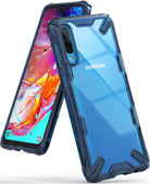 Galaxy A70 Case | Fusion-X - Blue transparent protective phone case with reinforced corners and triple camera cutout.