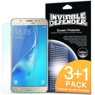 Galaxy J7 2016 [INVISIBLE DEFENDER] 3+1 Pack - Smartphone with screen protector film and retail packaging box.