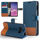 Galaxy S10e Case | Wallet - Blue and tan leather wallet case for Galaxy S10e with card slots, cash pocket, and kickstand.