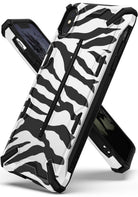 iPhone XS Case | Dual-X Design - Rugged black and white zebra-patterned phone case with reinforced corners and a protective frame.