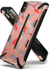 iPhone XS Case | Dual-X Design - Rugged pink camouflage phone case with black accents and X-shaped structural detailing.